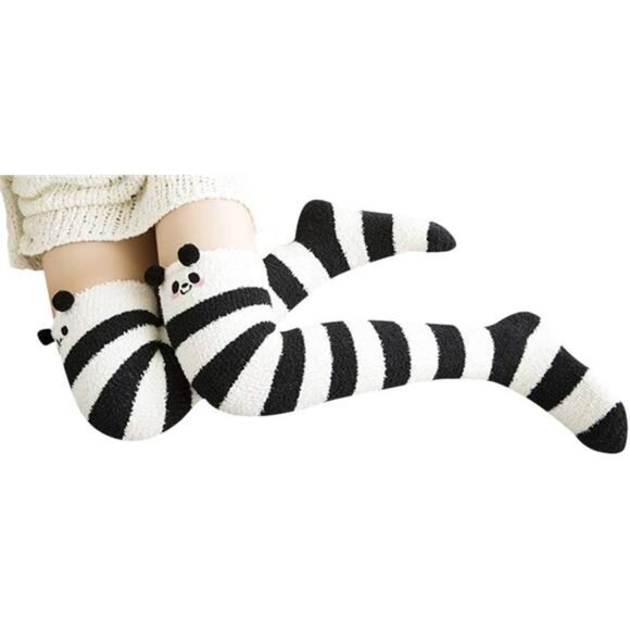 Womens Over Knee High Fuzzy Socks Cute Cartoon Thigh High Stockings Warm Stripe - Picture 7 of 8